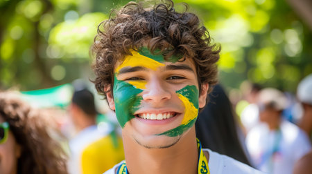 Excited brazil soccer fan with face painted in flag colors cheering at stadium, copy space for textの素材