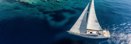 Aerial view of single sailing yacht with white sails racing on high seas with copy spaceの素材