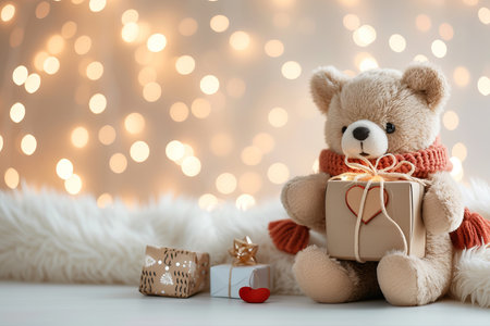 Cute bear baby presenting heart shaped gift on blurred magical background for valentine s dayの素材
