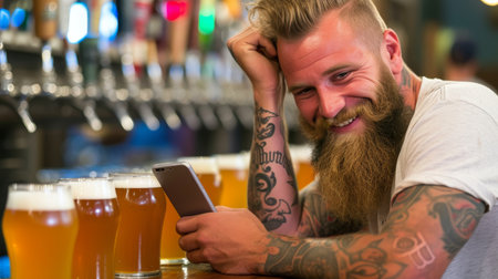 Happy bearded man smiling and using smartphone while sitting at the bar counter in a cozy pubの素材