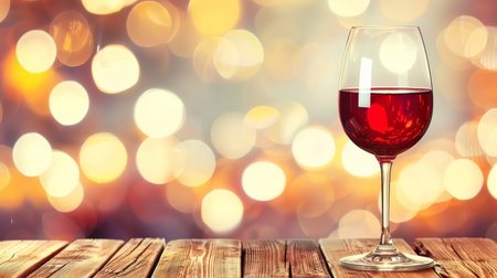Elegant glass of red wine on wooden table, blurred dark background, copy space for text placementの素材