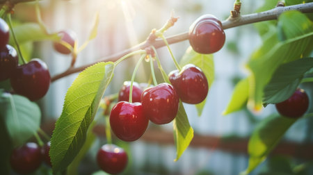 Organic cherry tree in greenhouse with ripe fruits, healthy produce concept, copy space availableの素材