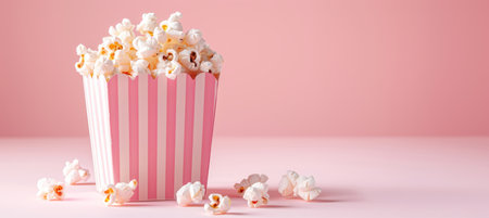 Popcorn scattered from pink striped box on pastel background with space for text placementの素材