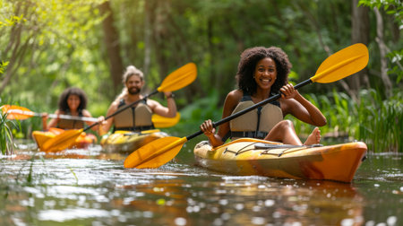 Friends having a great time, smiling while kayaking on a river during their fun filled vacation.の素材