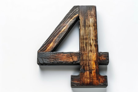 Dark wooden number 4 shape isolated on white background for design and decoration purposesの素材