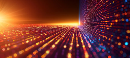 Neon lit futuristic cityscape with hi tech design, abstract digital technology concept for banner.の素材