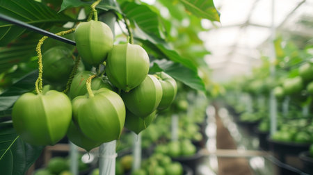Ripe coconuts on tree in greenhouse, healthy fruits with copy space for text, agriculture conceptの素材