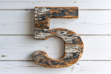 Dark oiled wood number 5 shape isolated on white background for creative design projects.の素材