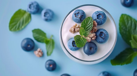 Fresh blueberries with yogurt on white background, top view for healthy breakfast or snack conceptの素材