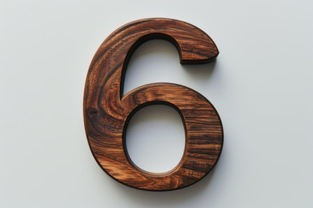 Dark oiled wood number six shape on white background, close up wooden number 6 design elementの素材