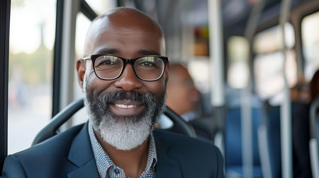 Happy black businessman commuting by bus, promoting eco friendly public transportationの素材