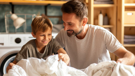 Father and son loading dirty laundry into washing machine for thorough clothes cleaningの素材