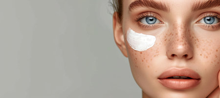 Woman applying moisturizer cream on face for cosmetic skin care with copy space for text placementの素材