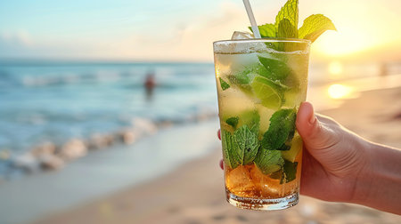 Refreshing mojito on paradise beach, perfect for summer day with ample text spaceの素材