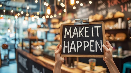 Motivational woman holding sign  make it happen  for success and inspiration on blurred background.の素材