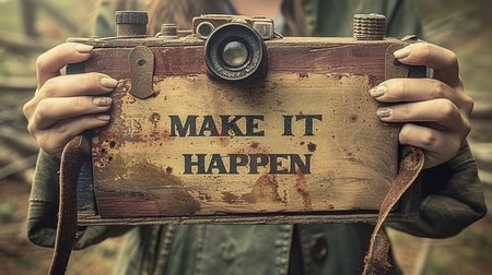 Motivational concept  woman holds sign  make it happen  on abstract blurred background.の素材