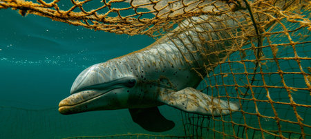 Dolphin trapped in fishing net  impact of human waste on marine life and conservation effortsの素材
