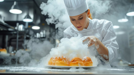 Young woman pastry chef baking sweet pastries in bright shop with space for text placementの素材