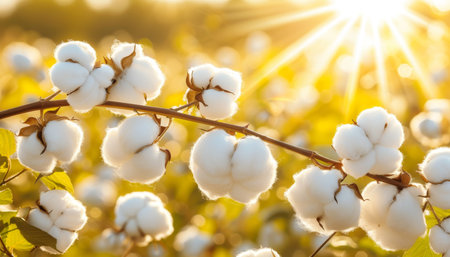 Sunlit cotton balls on branch in summer field, with space for text in serene setting.の素材