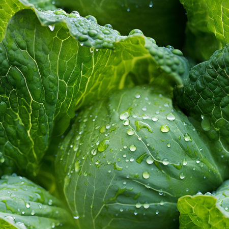 Fresh green cabbage with water droplets seamless pattern, ideal for food and agriculture conceptsの素材