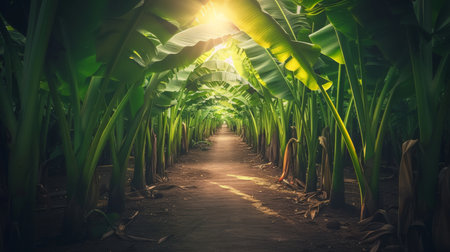Vibrant banana plantation abstract background under the summer sun during the dayの素材