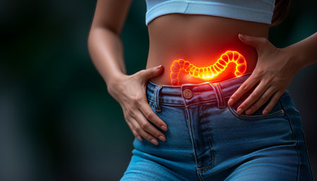 Digital x ray of human stomach hologram on blurred background with copy space and medical equipmentの素材