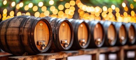 Modern wine cellar with wooden barrels for wine production in winery industry backgroundの素材