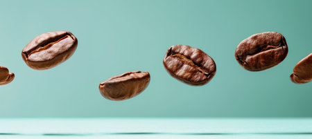 Levitating roasted coffee beans on light pastel background with copy space for text placementの素材