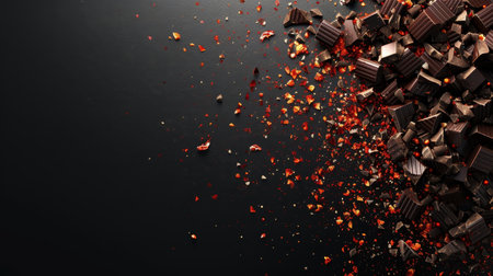 Chocolate and bonbons explosion splash levitating on dark gradient background with copy space.の素材