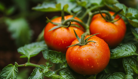 Organic agriculture concept  ripe red tomatoes growing on bush in greenhouse with copy space.の素材