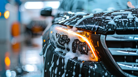 Professional car wash service shampooing black sports car in close up, automotive detailing concept.の素材