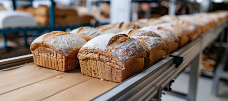 Freshly baked bread loaves on automated conveyor belt in busy bakery production line.の素材
