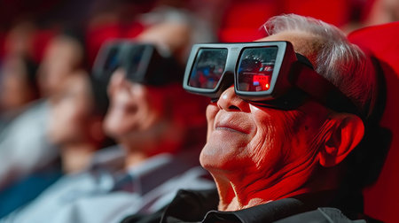 Joyful senior watching 3d movie in cinema with smiling expression, blurred background of audienceの素材