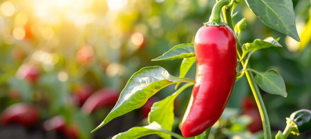 Ripe red chili pepper growing on bush in greenhouse, organic agriculture concept with copy spaceの素材