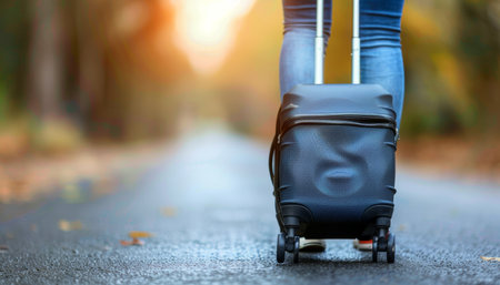 Asian female traveler with suitcase at modern transport hub stop, copy space for text placementの素材
