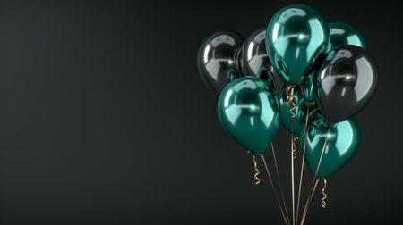 Black and green balloons on dark background, text space, black friday sale ad concept.の素材