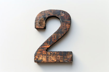 Number 2 shape crafted from dark oiled wood on white background, wooden digit two design elementの素材