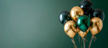 Black friday sale ad with black and gold balloons on dark background, space for shopping promotions.の素材