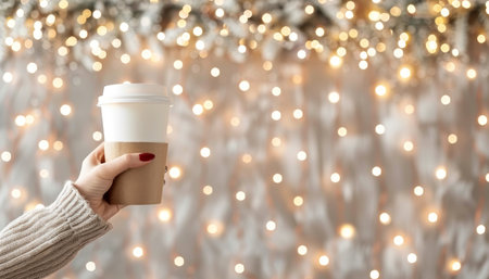 Woman s hand holding takeaway paper coffee cup mockup on blurred background with copy space for textの素材