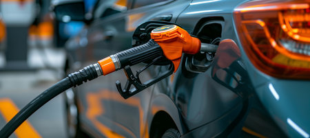 Close up of fuel nozzle in car tank, refueling with diesel or petrol, copy space availableの素材