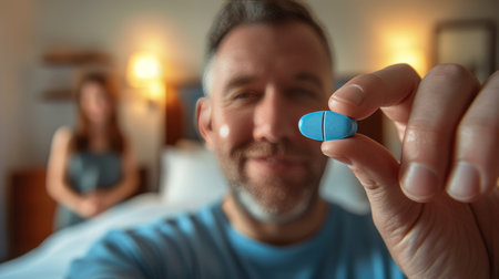 A joyful man consuming a blue pill with a blurred background of a delighted woman in the backdropの素材