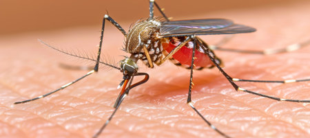 Close up view of mosquito sucking blood on human hand with copy space for text placementの素材