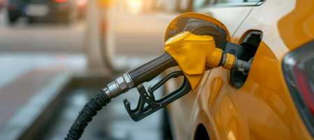 Close up of fueling gun in car s tank for diesel petrol refueling, with copy space.の素材