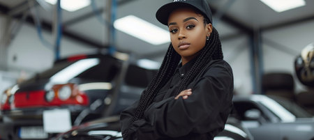 Attractive confident female auto mechanic working in car service garage with copy space for textの素材