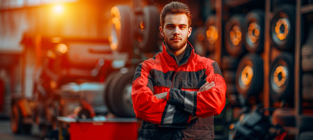 Experienced male auto mechanic working on car in professional service center with confidence.の素材