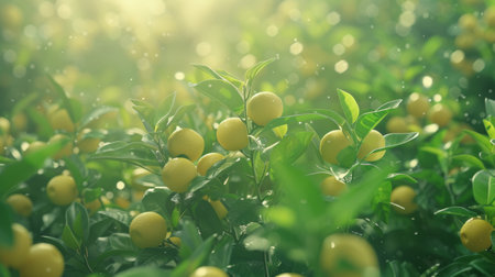 Organic oranges on tree in greenhouse, healthy fruits concept with copy space for text placementの素材