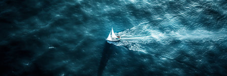 Aerial view of white sailing yacht racing in regatta on the high seas with copy spaceの素材
