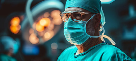 Experienced surgeon performing operation in hospital operating room, medical surgery concept imageの素材