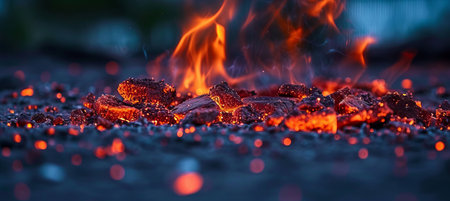 Mesmerizing abstract background of glowing burning coals casting a vibrant fiery glow.の素材