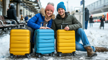 Couple at airport, ready for international departure, smiling and excited for travel adventureの素材